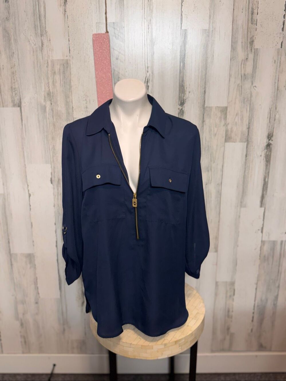 Michael Kors Navy Blue Zip Front Roll Tab Sleeve Chiffon Blouse Womens L